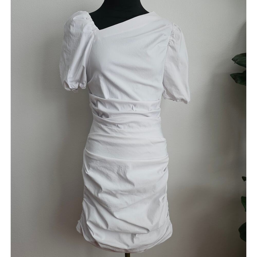 NEW MAEVE Anthropologie  Women's White Slim Puff-Sleeve Ruched Dress S